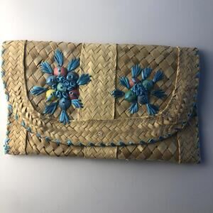 Straw Woven Envelope Style Clutch Purse Bag Flowers Lined Snap Closure beach